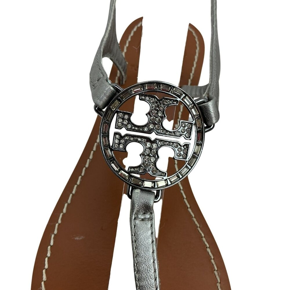 Tory Burch Crystal Metallic Logo Leather Slingback T-Strap Sandals Silver Tan - Picture 4 of 8